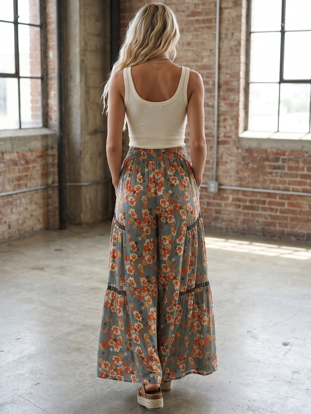 NWT Angie Boho Festival Floral Print Crochet Wide Leg Palazzo Pants - Picture 5 of 5